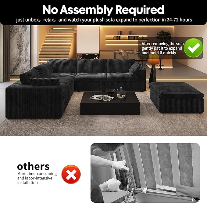 118" 6-Seater Cloud Sofa,Modular Sectional Couch with Ottoman,Modern Deep Seat Upholstered Couches with Corduroy Fabric for Living Room Furniture,Bedroom and Apartment,No Assembly Required,Black
