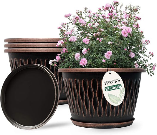 4 Pack 12 Inch Retro Plant Pots, Vintage Striped Flower Pots with Drainage Hole & Saucer, Large Plastic Planters for Indoor and Outdoor Plants, Decorative Garden Pots(Copper)