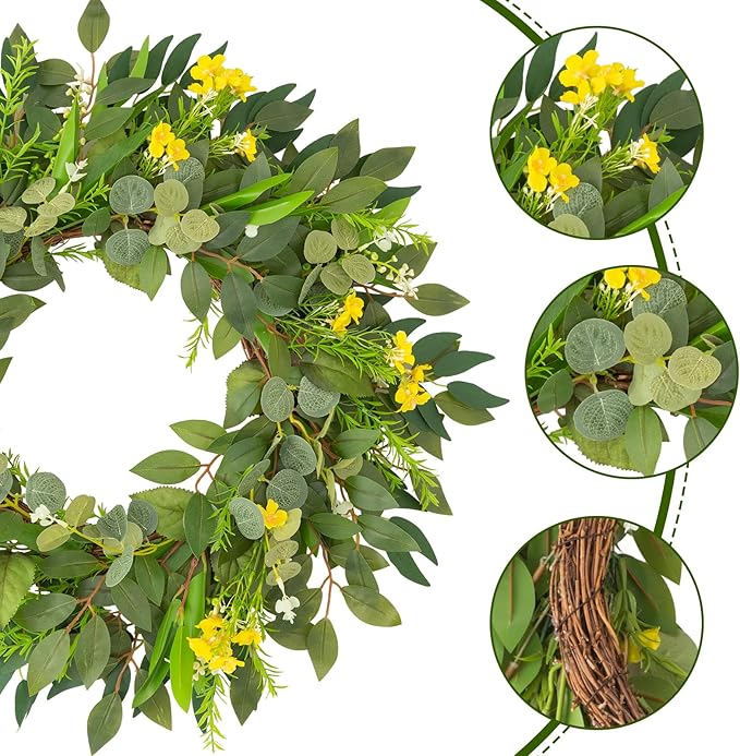 24 Inch Eucalyptus Greenery Wreaths for Front Door, Large Artificial Outdoor Spring Summer Wreath for Porch, Window, Farmhouse, Home Decor - All Seasons