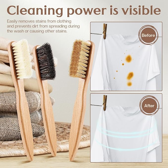 3 Pcs Wood Laundry Stain Brush Stain Remover Brushes with Boar Bristle Small Stain Brush for Clothes for Scrubbing Stains from Furniture Fabric Leather(3 Pcs C)