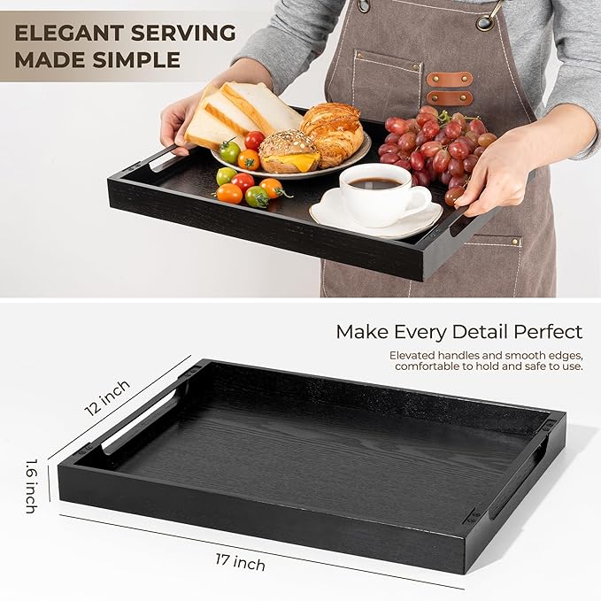 Axeman Wooden Serving Tray with Metal Handles|Ottoman Tray for Breakfast, Bed, Couch|17x13in Ash Wood Coffee Table Trays|Food Drinks Decorative Storage Boards for Ottoman Kitchen, Black