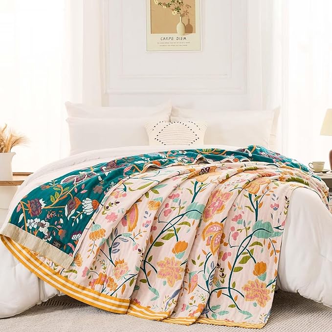 Boho Throw Blanket for Bed, 100% Cotton Soft Rustic Quilt Fall Blanket, 90"x98" Floral Printed Farmhouse Decor Bed Blankets, All Season Rustic Reversible Bohemian Throw Quilt