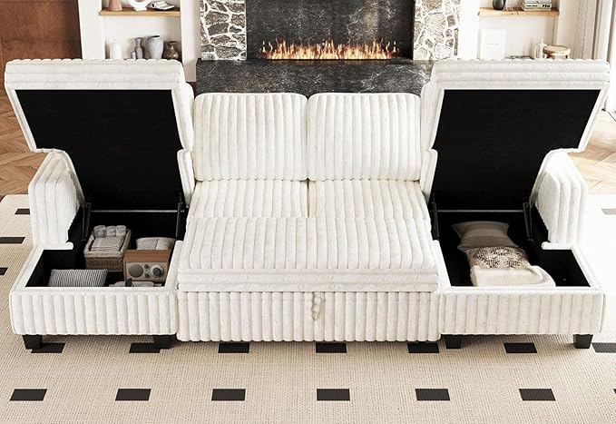 Belffin Modular Sectional Sleeper Sofa with Pull Out Couch Bed Corduroy Double Chaise with Storage White Couch