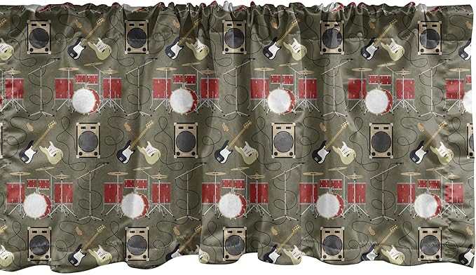 Ambesonne Music Window Valance, Rock and Roll Theme with Electric Guitars Drums and Amplifiers Melody Audio, Curtain Valance for Kitchen Bedroom Decor with Rod Pocket, 54" X 18", Army Green and Red