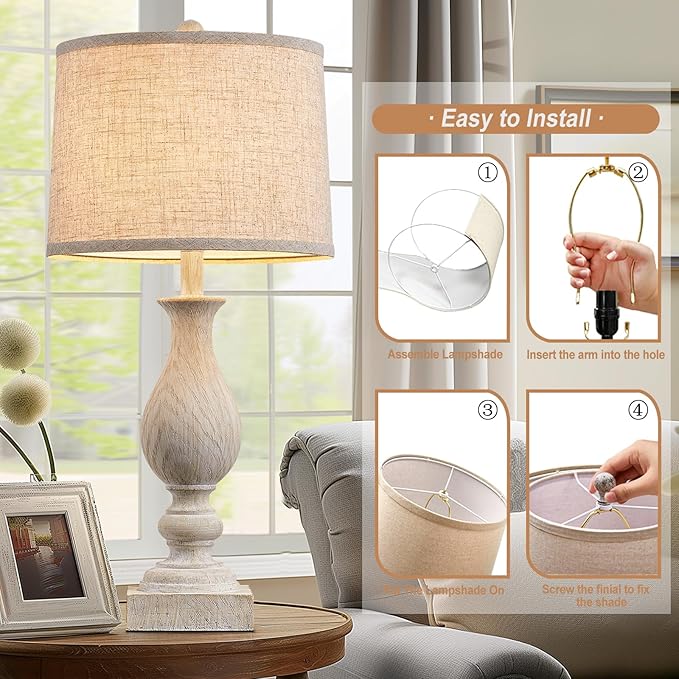 28'' Tall Farmhouse Table Lamps for Living Room, Bedroom Lamps Set of 2 with USB C+A Charging Ports, Rustic Farmhouse Nightstand Lamps for Bedside, Traditional Side Table Lamp with Fabric Shade