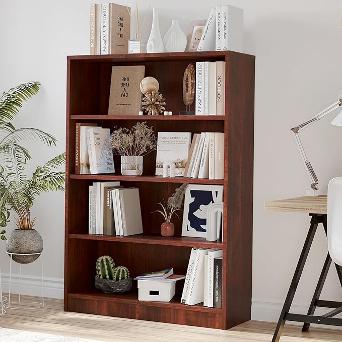 Bookshelf, Open Modern Bookshelf, 4 Shelf Bookcase with Freestanding Display Storage, Wooden Book Shelf for Bedroom, Living Room, Dinning Room, Office, 48 Inch, Brown