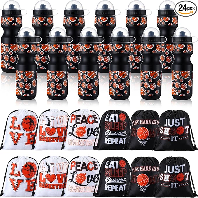 24 Pcs 24 oz Basketball Water Bottle Bulk and Drawstring Bag Set 12 Reusable Plastic Biking Water Bottle Tumbler 12 Sport Gym Goodie Gift Bag for Party Favor (Orange, Black)