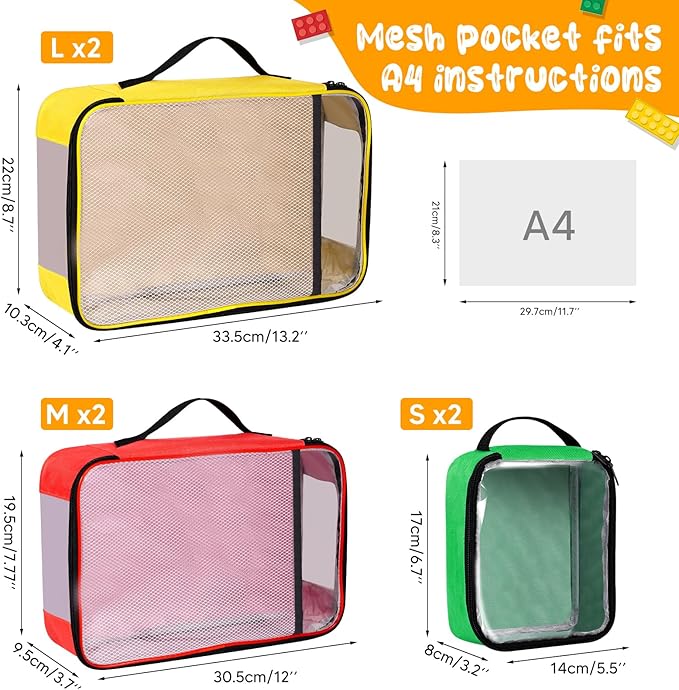 6 Packs Toy Storage Bags with Zipper, Clear PVC Organizing Bags,Waterproof Toy Storage Bags,Toy Organizing Bags for Building Blocks, Books, Puzzle