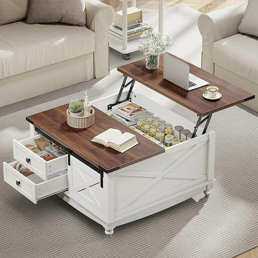 31.5" Lift Top Coffee Table with Storage, Farmhouse Coffee Tables for Living Room, Square Coffee Table with Large Hidden Storage Compartment, 2 Drawers & Removable Shelves, White