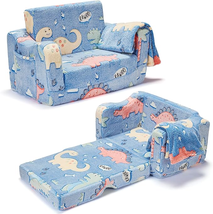 2-in-1 Toddler Chairs Comfy, Toddler Couches That Fold Out,Glow in The Dark, Extra Wide Kids Chairs for Toddler, Baby Couch for 1-3 Year Old Gifts for Girls & Boys, Blue