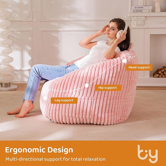 BYBYME Giant Bean Bag Chair for Adults and Kids, Large Comfy Cozy Beanbag, Floor Sofa for Teens, Living Room, Gaming, Reading, Pink