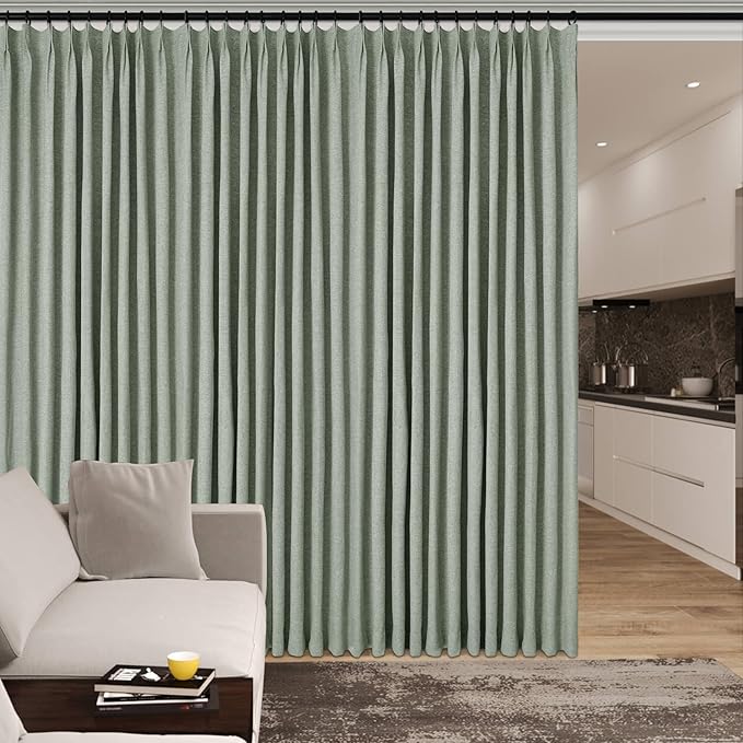 100% Blackout Linen Textured Drapes for Bedroom Pinch Pleated Curtains for Track System Portable Drapery for Sliding Glass Door/Storage/Space Room Divider, 70" Wx96 L, 1 PC, Fog Green