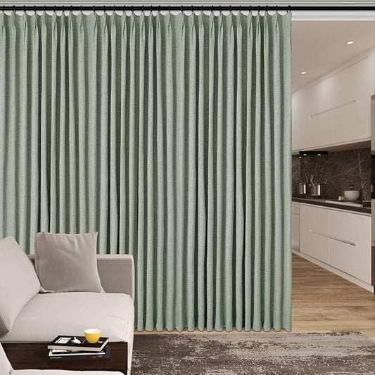 100% Blackout Linen Textured Drapes for Bedroom Pinch Pleated Curtains for Track System Portable Drapery for Sliding Glass Door/Storage/Space Room Divider, 70" Wx96 L, 1 PC, Fog Green