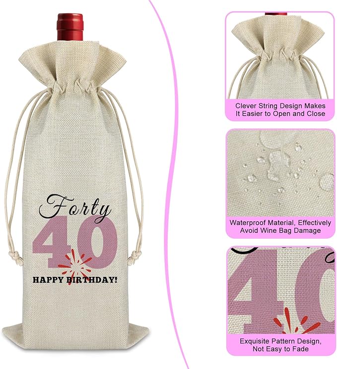 40th Birthday Gift for Women Men Wine Bag Funny 40th Milestone Gift Turning 40 Years Old Gift for Friends Drawstring Wine Wrap Bag Christmas Happy Birthday Gift for Mom Aunt Sister Wine Gift Bag