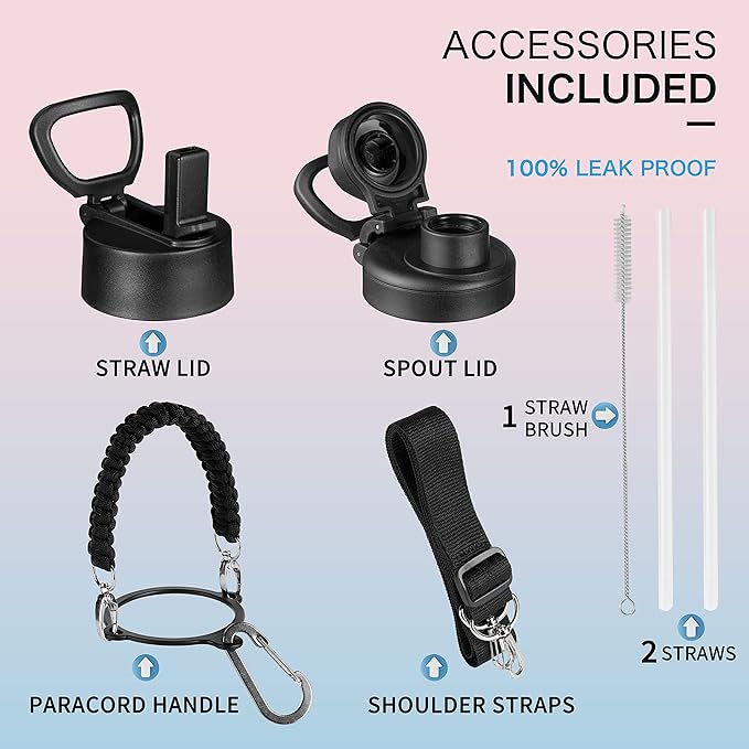 32 oz Insulated Water Bottle with Paracord Handles & Strap, 2 Lids(Straw Lid&Spout Lid), Stainless Steel Reusable Wide Mouth Metal Water Bottle With Straw, Double Walled(Black)
