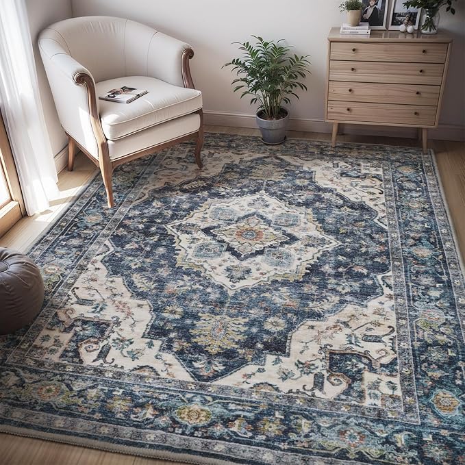 AMOAMI-4X6 Area Rugs for Living Room -Soft Vintage Bedroom Rugs-Non Slip Washable Rug-Throw for Living Room Bedroom Bedside Dining Room Office Blue