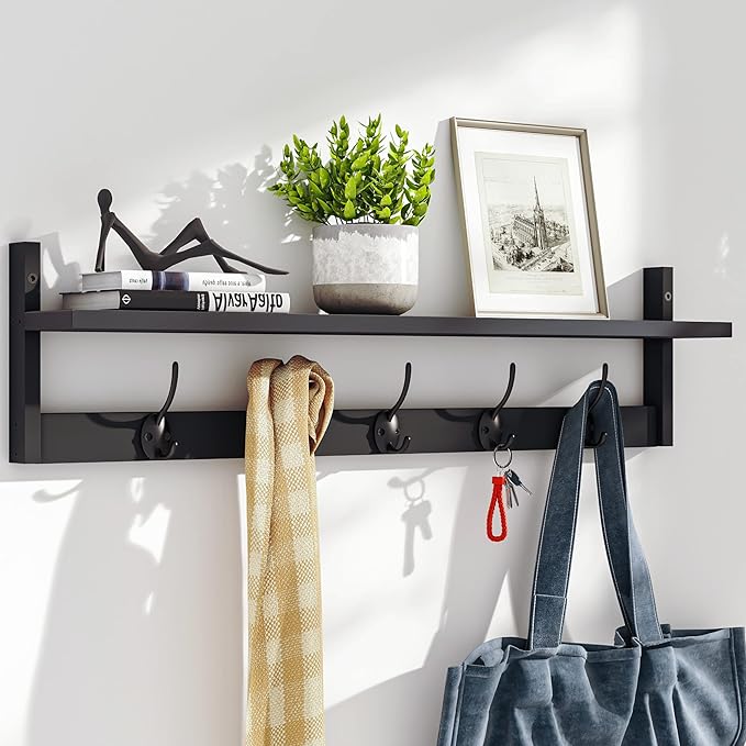 BAMEOS Wall-Mounted Shelf with Hooks - 28.9 Inch Entryway Hanging Shelf with 5 Dual Hooks for Bathroom, Living Room, Bedroom (Black)