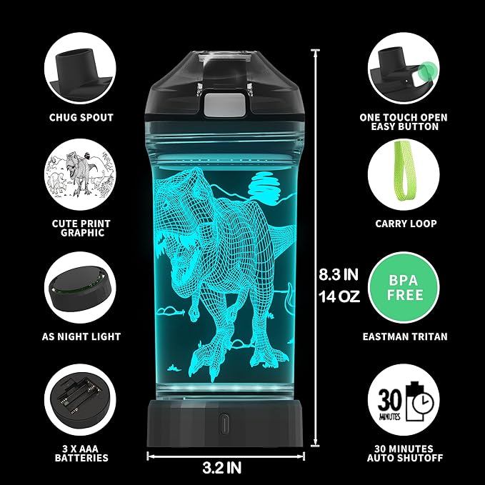 Boy Water Bottles for School, Cool Velociraptor Dinosaur Night Light for Room Decor, Tritan BPA Free Travel Cup for Back to School Girls Child Holiday Camping Picnic - 14 Oz