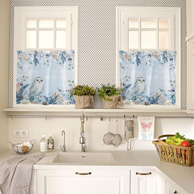Blue Christmas Kitchen Curtains and Valances Set, Winter Snowy Owl Poinsettia Eucalyptus Leaves Windows Treatments Tiers Half/Short Curtains for Small Windows Cafe /Living Room/ Bedroom 54x36 in