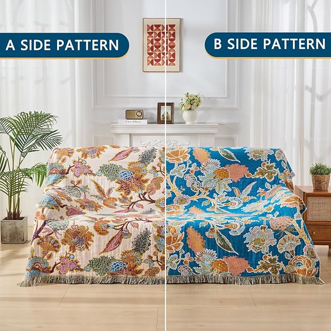 Boho Throw Blanket for Bed, Lightweight Reversible Summer Quilt, Cotton Blanket, Queen Size Boho Floral Bird Colorful Retro Quilt Ultra Soft Reversible Gauze Blanket for All Season, 80"x90"