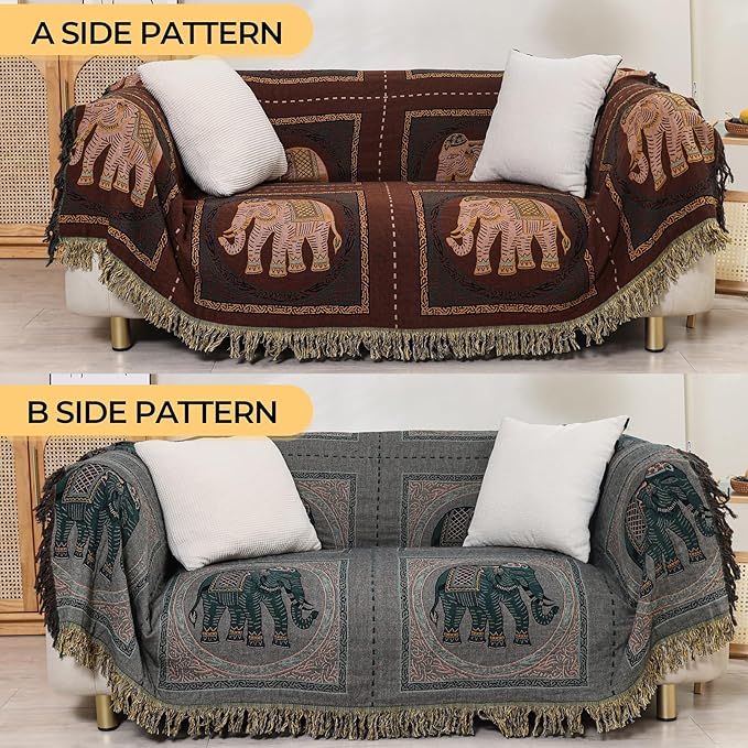 Boho Throw Blanket for Bed with Tassels,100% Cotton Ultra Soft and Cozy Large Blanket Elephant Printed Farmhouse Decor Bed Blankets,80"×90" All Season Rustic Throw for Sofa Couch Chair-Brown
