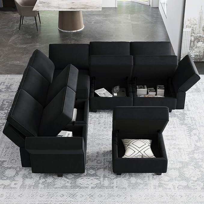 Belffin Modular Sectional Sofa with Storage Seats Velvet L Shaped Corner Couch Convertible Sectional Sofa with Chaise Black