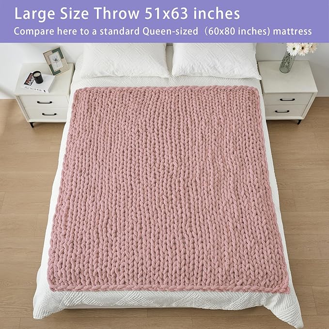 Bigacogo Chunky Knit Throw Blanket for Couch, 51x63 inches, 100% Hand Knitted with Thick Jumbo Chenille Yarn, Cozy Soft Large Rope Knot Cable Crochet Blankets for Sofa Bed Living Room, Dusty Pink