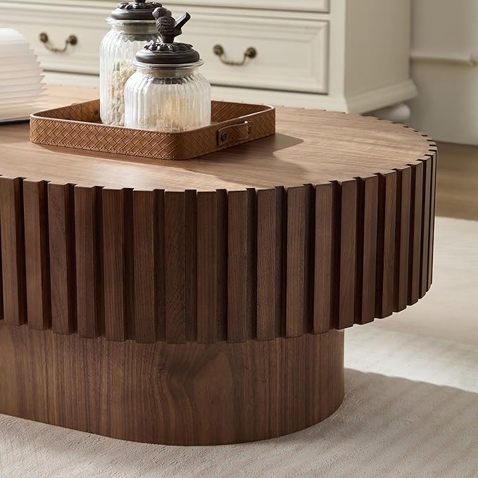 43.7" Oval Coffee Table for Living Room,Modern Handcraft Drum Coffee TableSmall Wooden Coffee Table with Sturdy Pedestal Easy Assembly for Office-Walnut