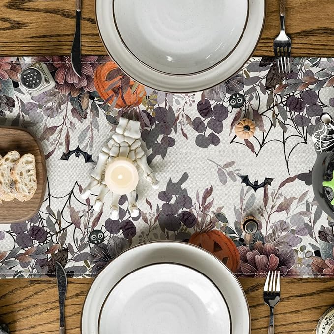 Artoid Mode Jack-O'-Lantern Pumpkin Floral Ghost Halloween Table Runner, Eucalyptus Kitchen Dining Table Decoration for Home Party Decor 13x90 Inch