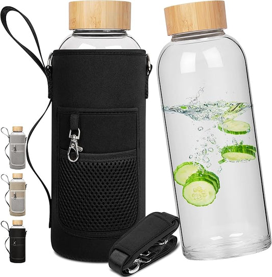 48 oz Sports Borosilicate Glass Water Bottle with Bamboo Lid with Neoprene Sleeve