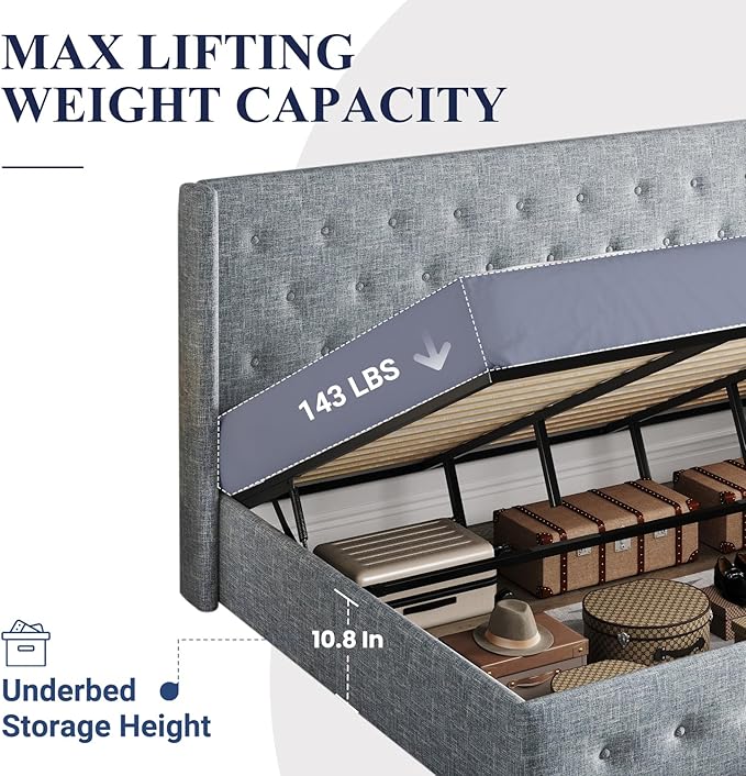 Allewie King Size Lift Up Storage Bed, Button Tufted Headboard with Wingback, Hydraulic Support, No Box Spring Needed, Grey Blue