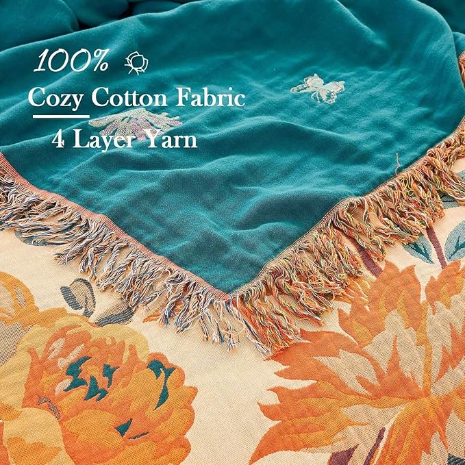 Boho Throw Blanket for Bed, 100% Cotton Soft Rustic Quilt Fall Blanket, 80" 90" Floral Printed Farmhouse Decor Bed Blankets, All Season Rustic Reversible Bohemian Throw Quilt
