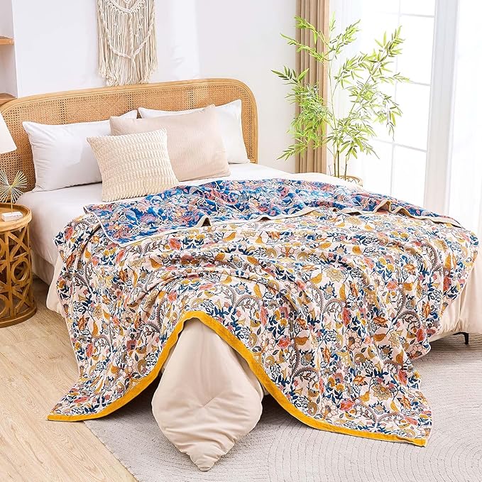 Boho Blanket Throw Quilt, 100% Cotton Soft Light Weight Throw Blankets for Summer, 90"x98" Farmhouse Flower Decorative Blankets, All Season Rustic Reversible Bohemian Throw Quilt