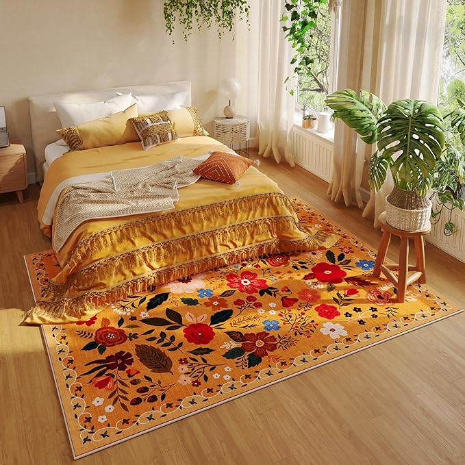 Area Rugs 8x10 Rug for Living Room Clearance Washable Boho Area Rug Non Slip Floral Vintage Low Pile Large Rug for Living Room, Bedroom, Farmhouse, Dining Room, Kids Playroom(Yellow)