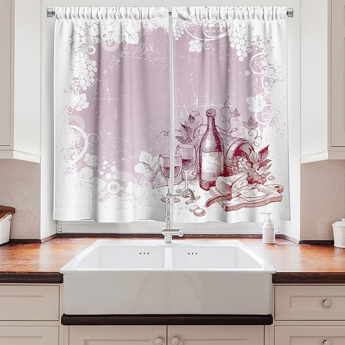 Ambesonne Wine Long Kitchen Curtains, Grunge Abstract Frame Bunch of Grapes Leaves Country Drinks Food Picnic Concept, Two Panels Drapes with Rod Pocket Room Decor, 55" x 45", Lilac White