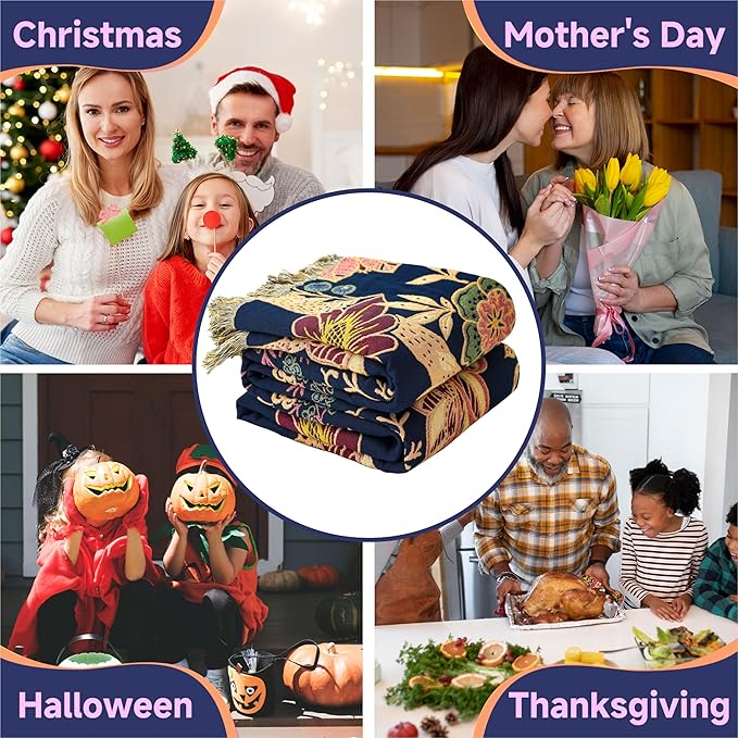 Boho Large Throw Blanket for Bed -100% Cotton Colorful Bed Throw, Ultra Soft Farmhouse Decor Bedding,80" x 90" Travel Blanket Rustic Throw for Picnic Sofa Couch Chair White&Blue