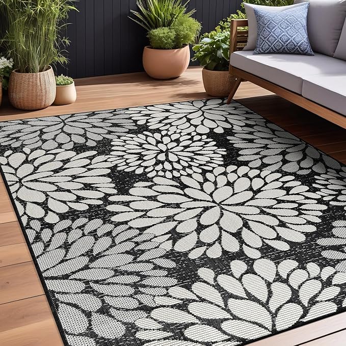 Beverly Rug Outdoor Rug 9x12 Modern Exotic Tropical Leaf Area Rugs for Indoor and Outdoor Patio Deck Porch Garden Water Resistant Washable Outside Carpet (9 x 12 Dark Gray)