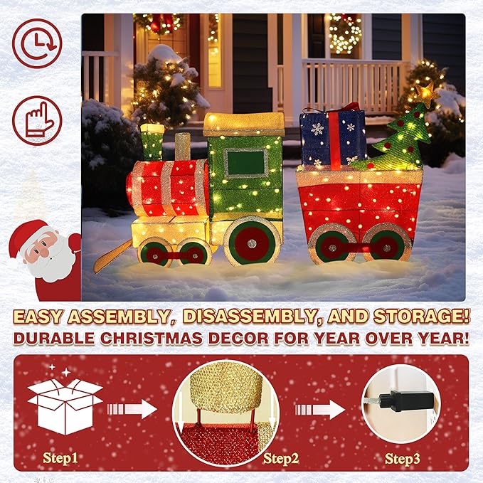 5FT Light-Up Christmas Train Decor with 170 LED Lights, 3D Pre-Lit Train Set with Gift Box and Christmas Tree for Xmas Decoration, Freestanding Glittered Holiday Display for Outdoor, Indoor