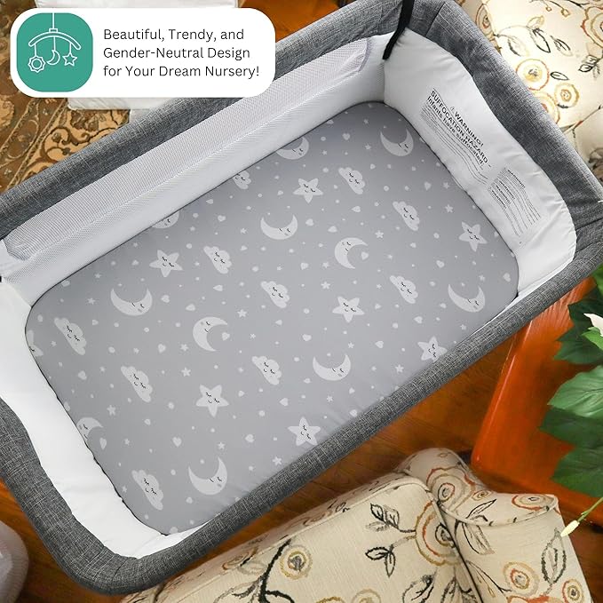 Bassinet Sheets for Mika Micky, Cuddor, Evolur Bedside Sleeper by TansyPanda, 3 Pack, 19 x 32 Inch, Ultra Soft, Breathable, and Snug Fit, Unisex Boys and Girls, Gray White (Moon, Stars, and Clouds)