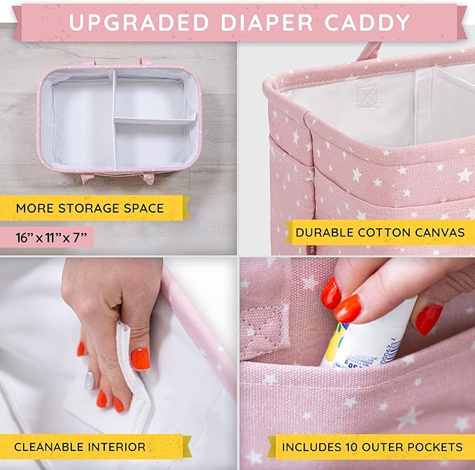 Baby Diaper Caddy Organizer - Baby Shower Basket | Large Nursery Storage Bin for Changing Table | Car Travel Tote Bag | Newborn Registry Must Have | Bonus Bottle Cooler | Pink