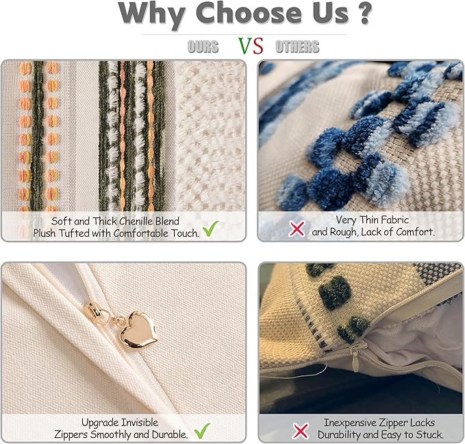 Boho Chenille Tufted Couch Throw Pillow Covers 18x18 Inch Set of 2 Farmhouse Striped Decorative Pillow Covers Accent Neutral Pillowcase Dark Green Cushion Cover for Living Room Sofa Bed