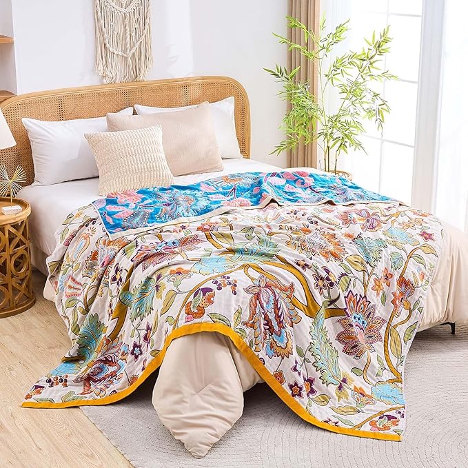 Boho Throw Blanket for Bed, 100% Cotton Soft Rustic Quilt Fall Blanket, 80"x90" Floral Printed Farmhouse Decor Bed Blankets, All Season Rustic Reversible Bohemian Throw Quilt