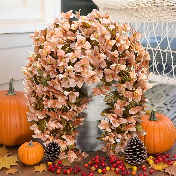 Bougainvillea Artificial Flowers Plants for Outdoors Outside Fall Autumn Decoration, 2 pcs Faux Silk Long Trailing Vines UV Resistant Look Real Brown Fake Flowers for Front Door Porch Planter Urn Yard