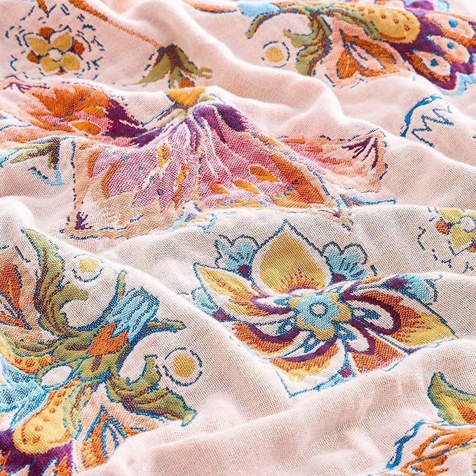 Boho Throw Blanket for Bed, 100% Cotton Soft Rustic Quilt Fall Blanket, 60"x80" Floral Printed Farmhouse Decor Bed Blankets, All Season Rustic Reversible Bohemian Throw Quilt