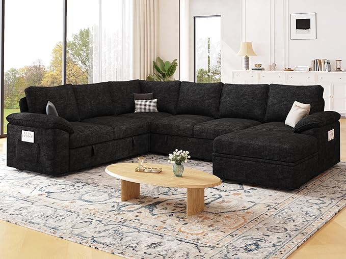 108 Inch Modular Sectional Sofa with Pull Out Bed,U Shaped 7 Seat Sectional Sleeper Sofa with Storage,Sectional Couches for Living Room,Cloud Modular Couch,Removable Sofa Cover,Black