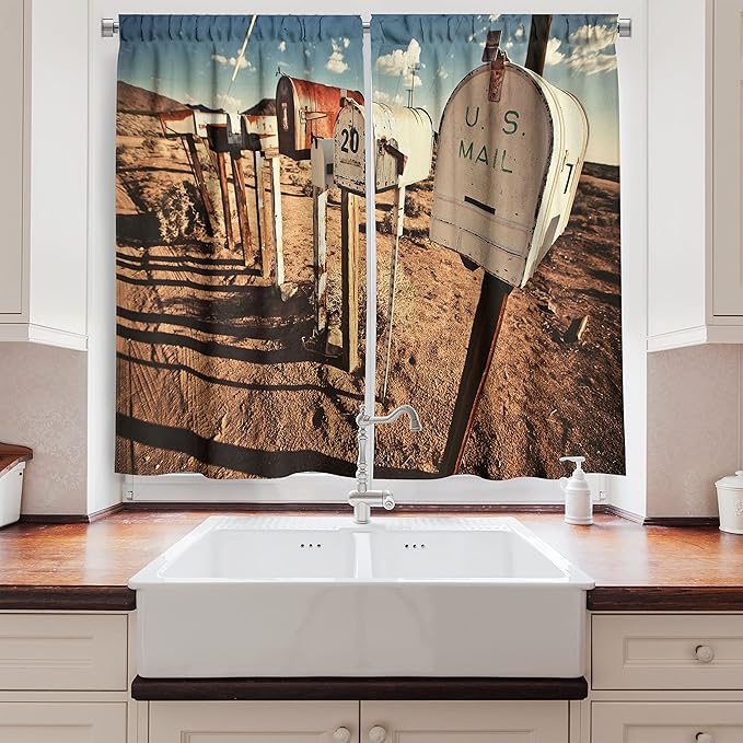 Ambesonne United States Long Kitchen Curtains, Old Mailboxes in West America Rural Rusty Landscape Grunge Countryside, Two Panels Drapes with Rod Pocket Room Decor, 55" x 45", Brown Blue