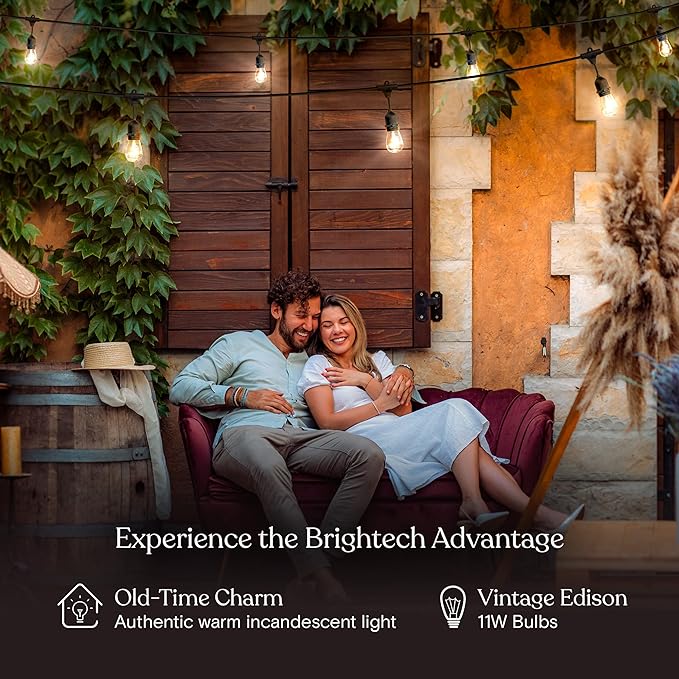 Brightech Ambience Pro Incandescent Outdoor String Lights - Commercial Grade Waterproof Patio Lights with 48 Ft Dimmable Edison Bulbs, Porch String Lights for Patio, Backyard - 15 Bulbs 11W