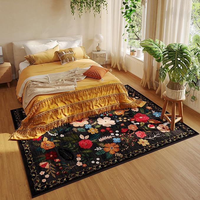 Area Rugs 8x10 Rug for Living Room Clearance Washable Boho Area Rug Non Slip Floral Vintage Low Pile Large Rug for Living Room, Bedroom, Farmhouse, Dining Room, Kids Playroom(Black)