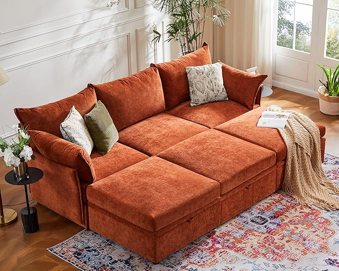 134.6" Oversized Modular Sectional Sofa, 6 Seater U Shaped Couch with Storage Ottoman with Reversible Chaise Deep Seat for Living Room, Apartment - Chenille Terracotta Orange