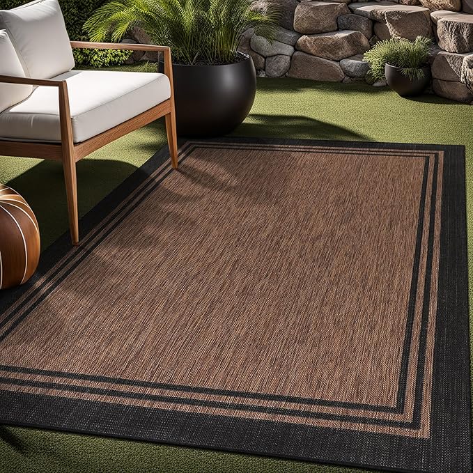 Bordered Outdoor Rug 6x9 Washable Outside Carpet for Indoor Patio Porch Waterproof Easy Cleaning Non Shedding Area Rugs Nut Brown 6 x 9